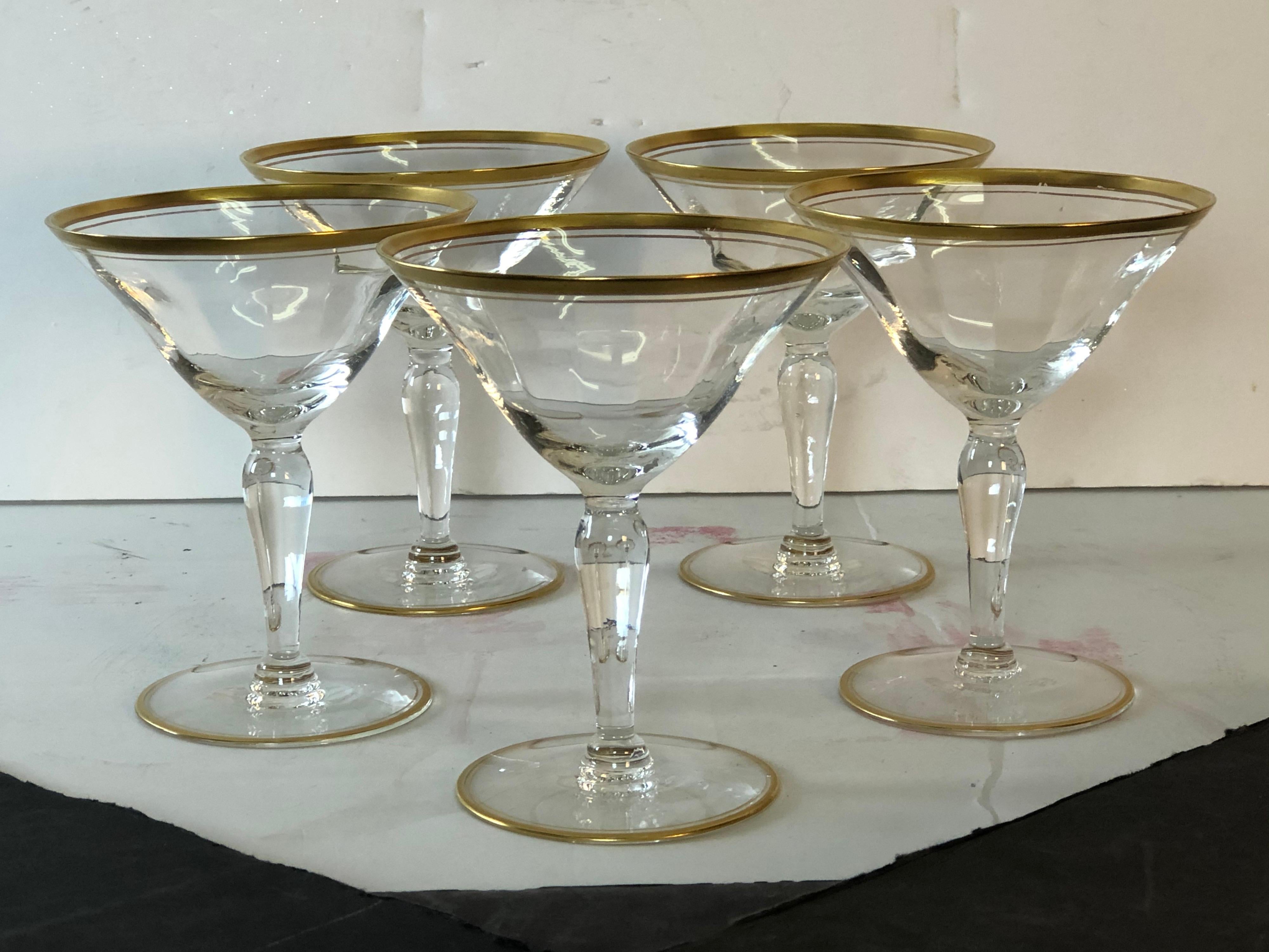 Vintage Hollywood Regency style 1950s set of 5 double gold rim glass coupe stems. No marks. Excellent condition.