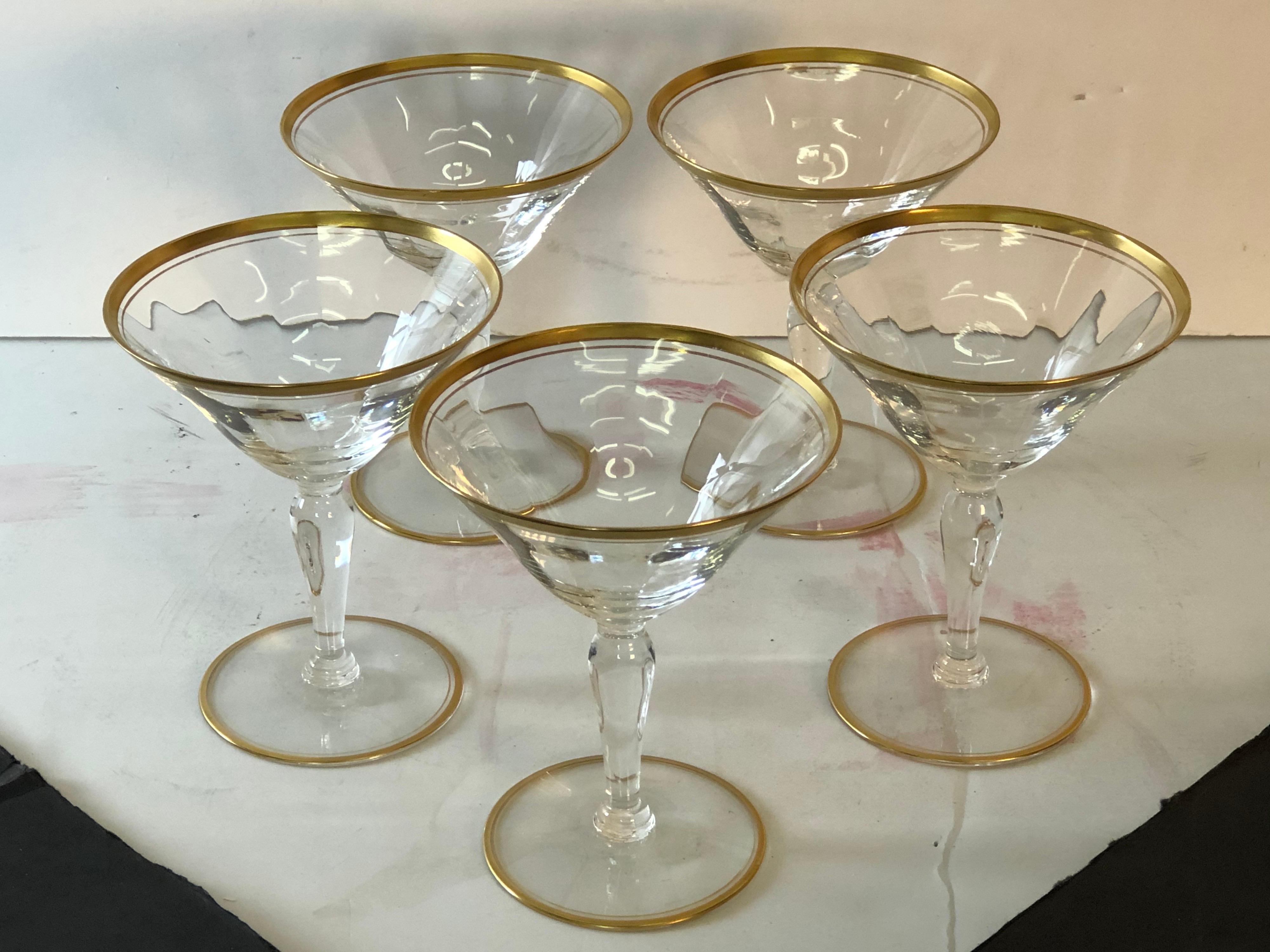 1960er Jahre Goldrand-Doppelglas-Coupe-Stiele:: Satz von 5 (Hollywood Regency)
