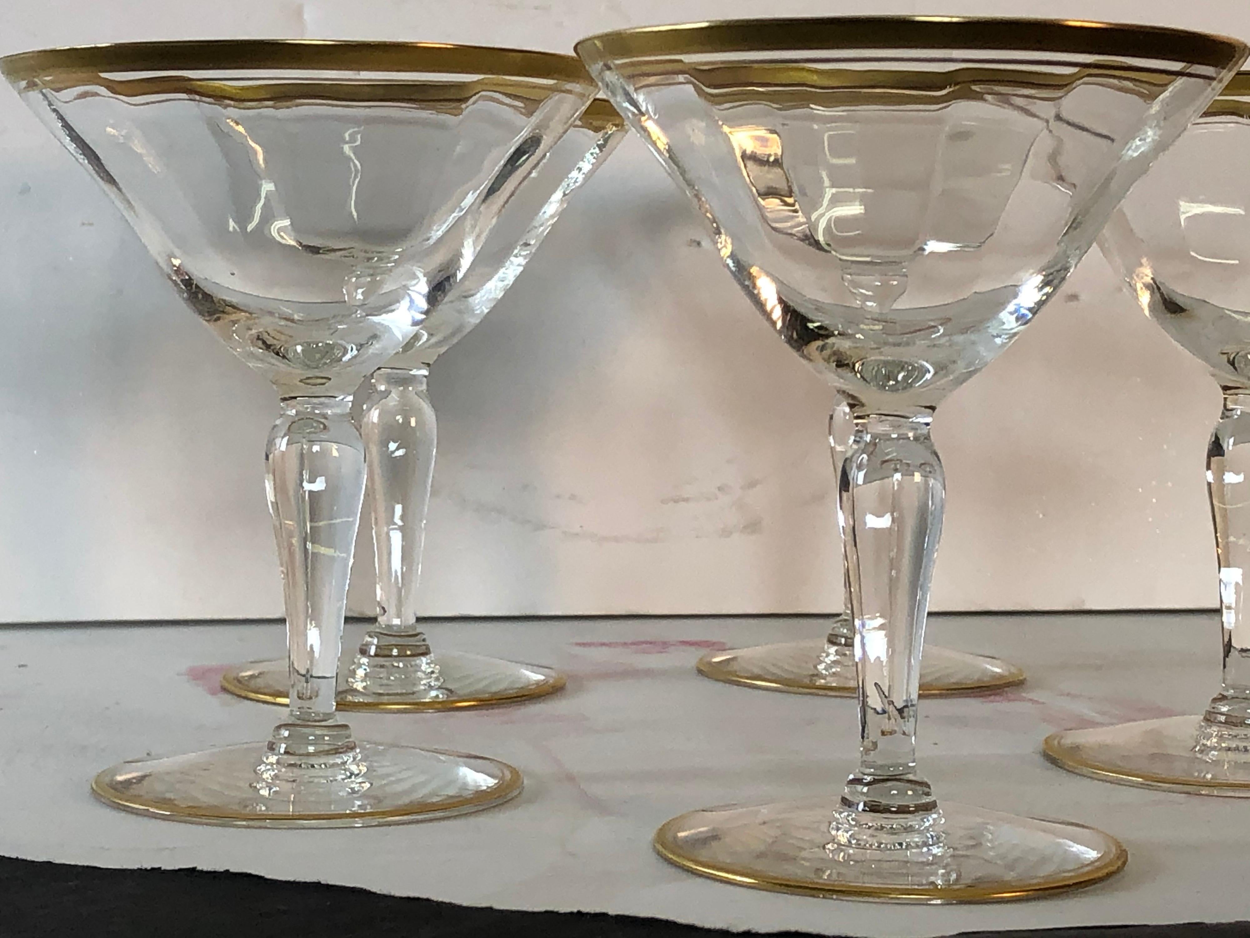 Hollywood Regency 1960s Double Gold Rim Glass Coupe Stems, Set of 5