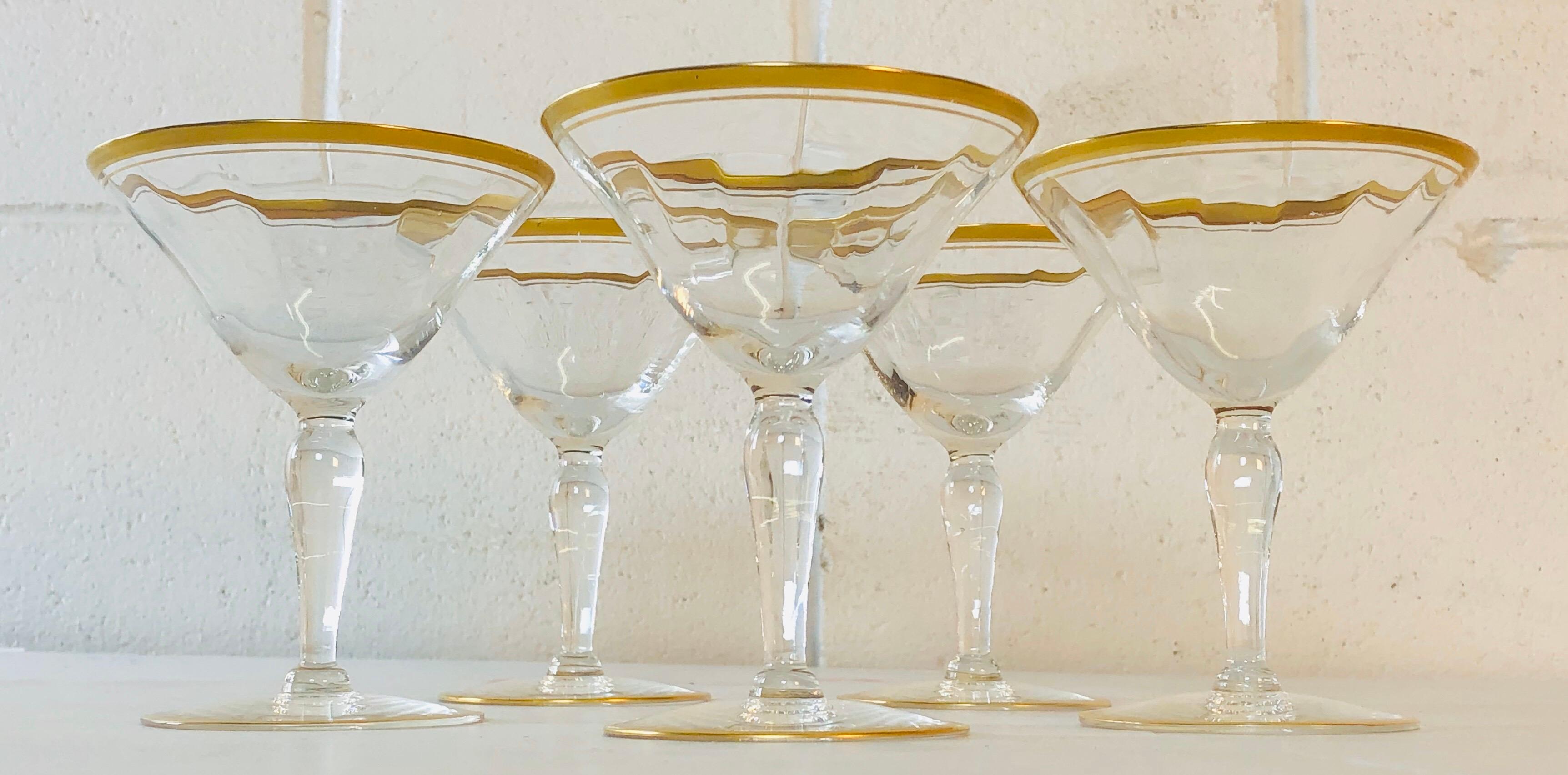 American 1960s Double Gold Rim Glass Coupe Stems, Set of 5