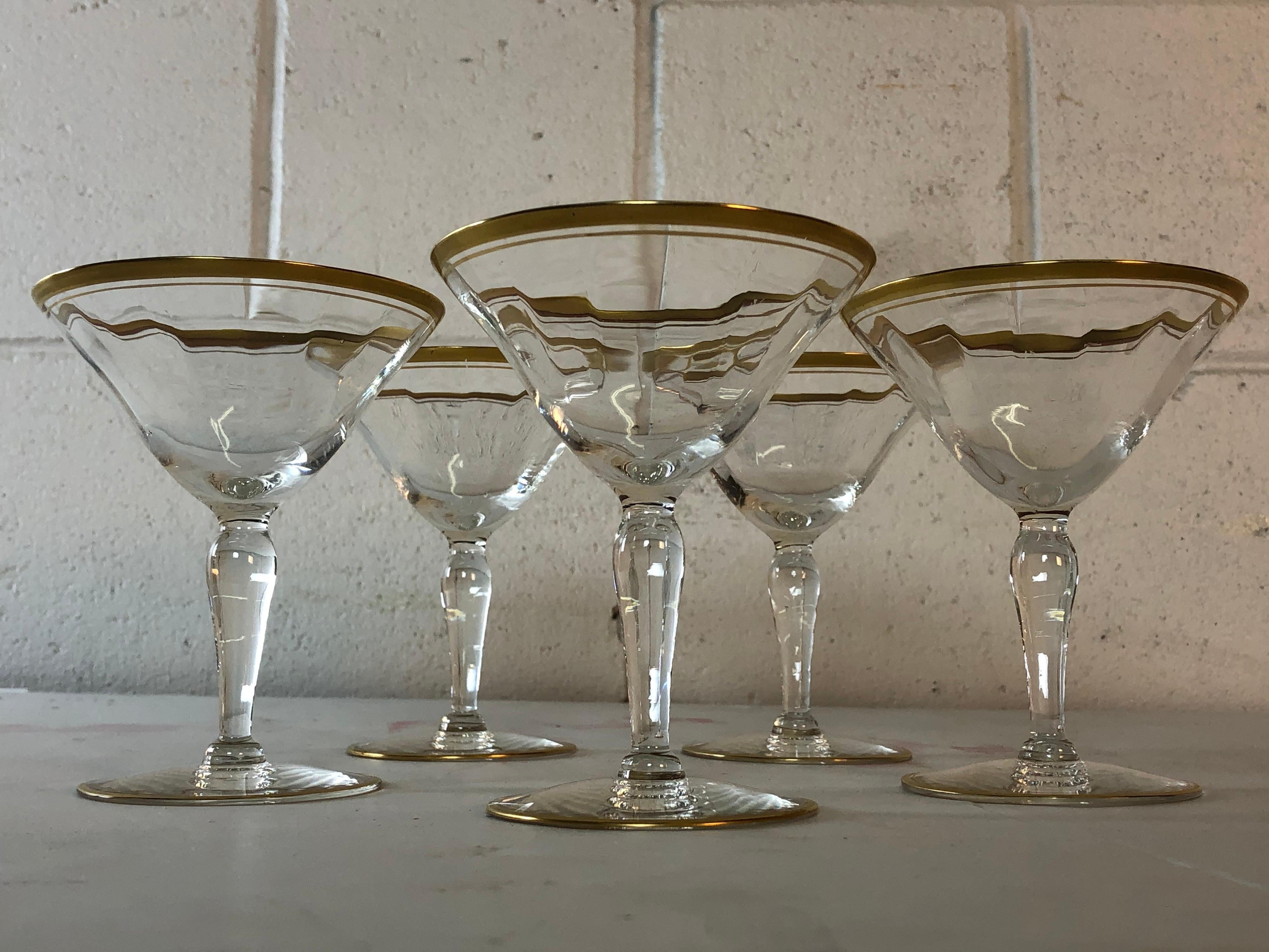 1960s Double Gold Rim Glass Coupe Stems, Set of 5 In Good Condition In Amherst, NH