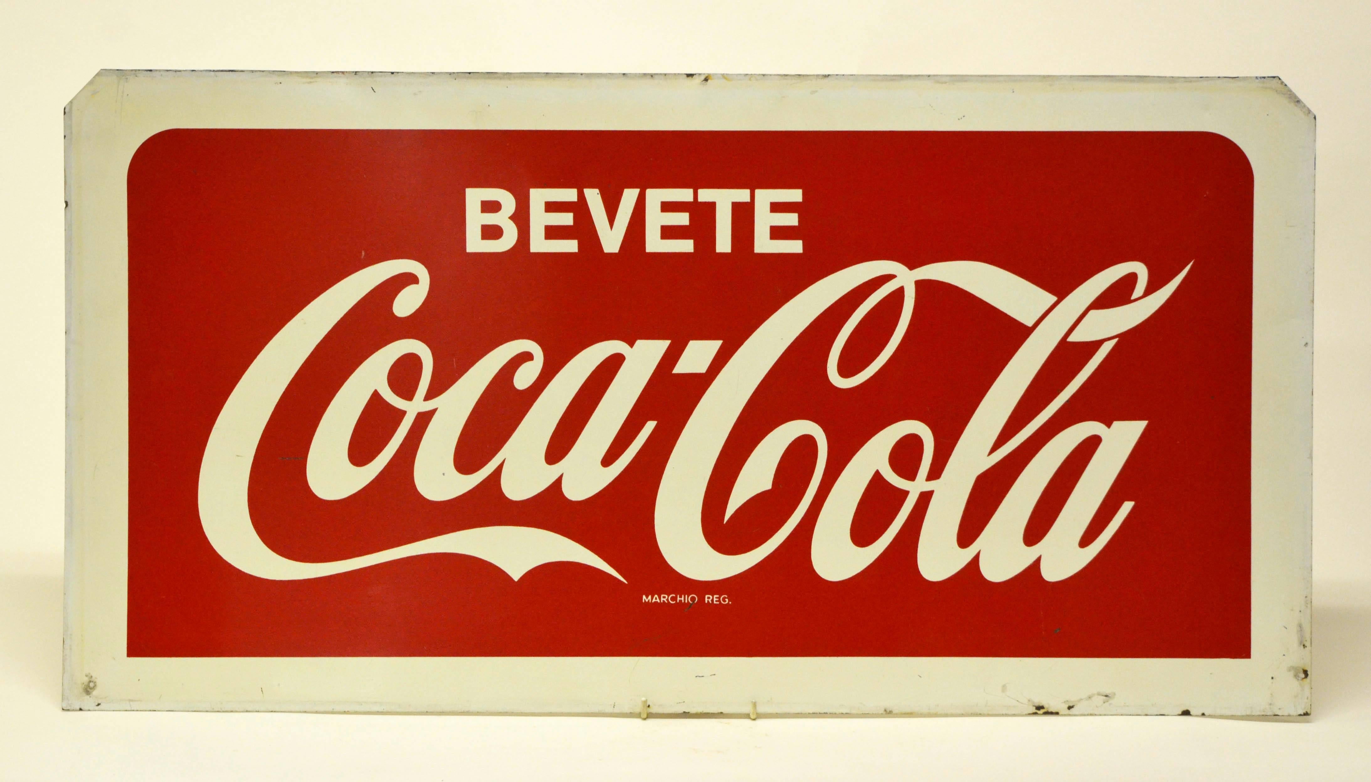 Metal screen printed Coca-Cola double sided sign produced in Italy. White 
