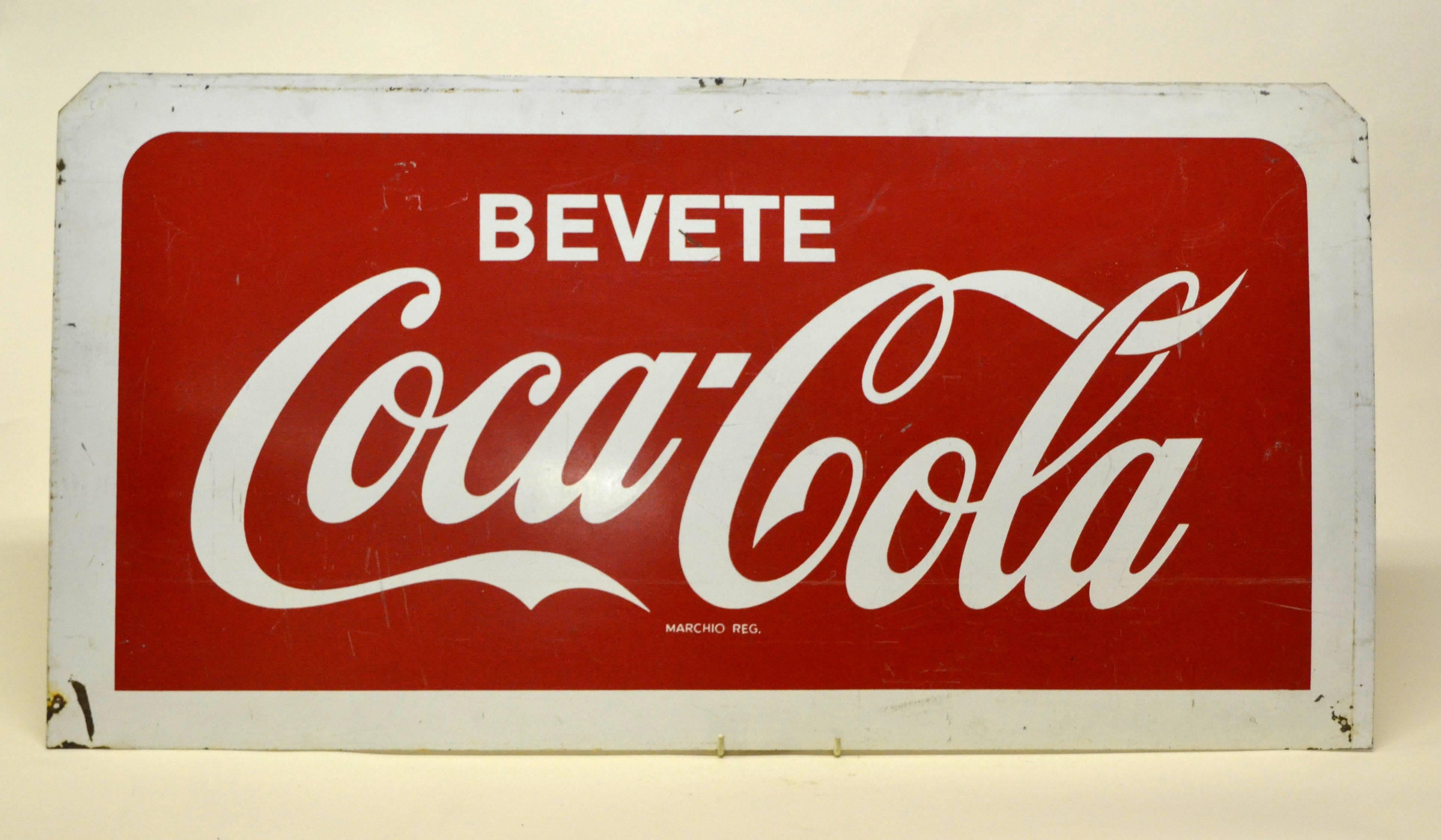 Mid-Century Modern 1960s Double-Sided Italian Metal Screen Printed Bevete Coca-Cola Sign For Sale