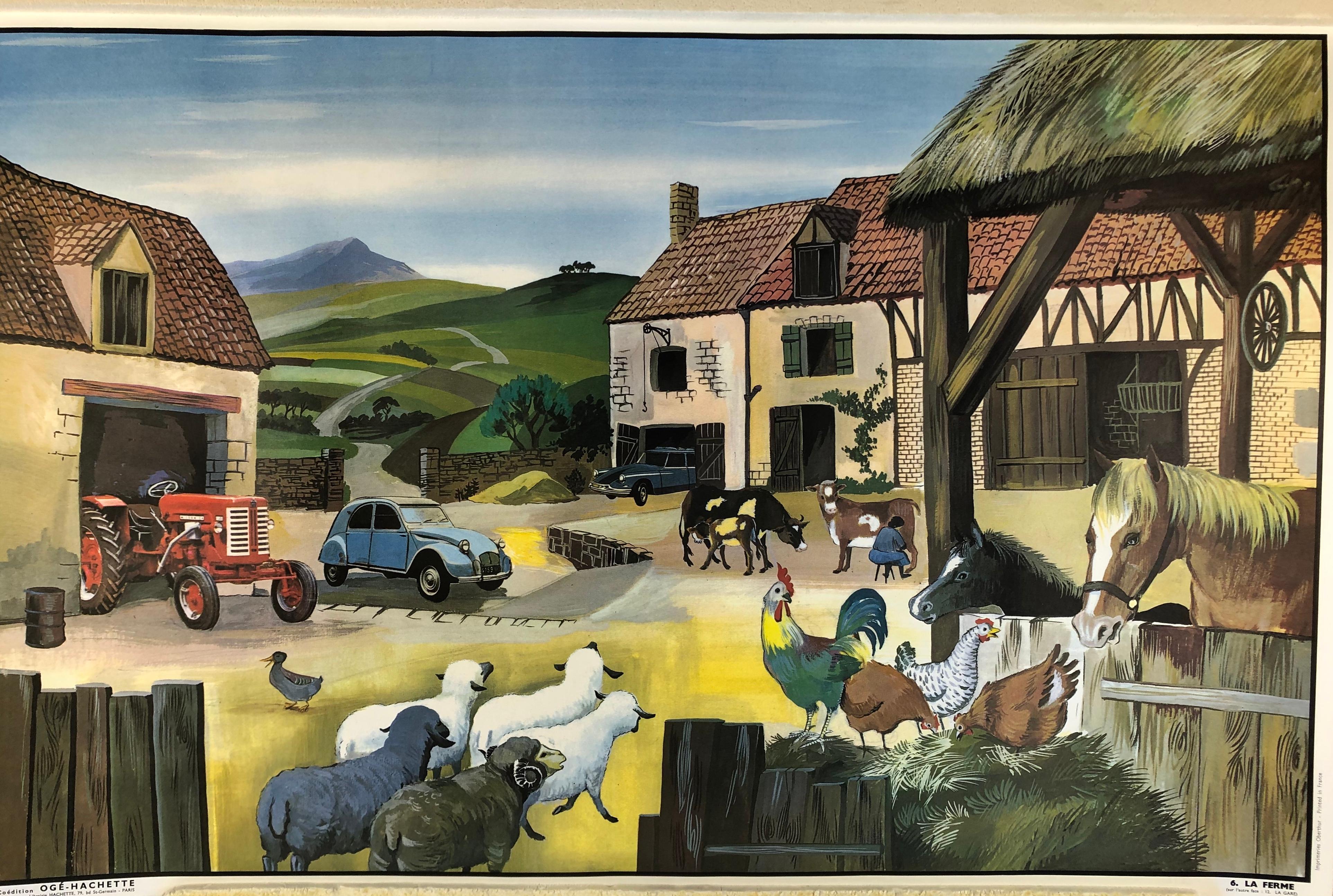Mid-Century Modern Affiche d'école à double face des années 1960 par Oge-Hachette, La ferme et la gare en vente