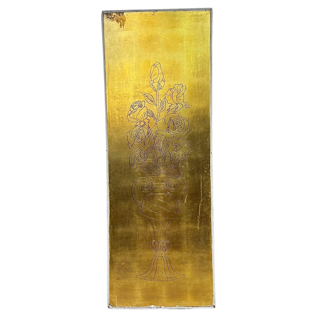 Double Sided Wood Door Panel in Gold Leaf Mexico 1960s
Unmarked after Arturo Pani.
Flower decoration on both sides. 
70.5 h x 25.75 w x .25 thick 
Original unrestored vintage condition. 
It appears panel was inside of a door frame.
Acquired in