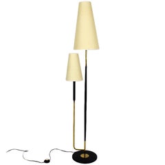 1960s Double Standing Lamp, Lacquered Steel, Brass, Cotton, France