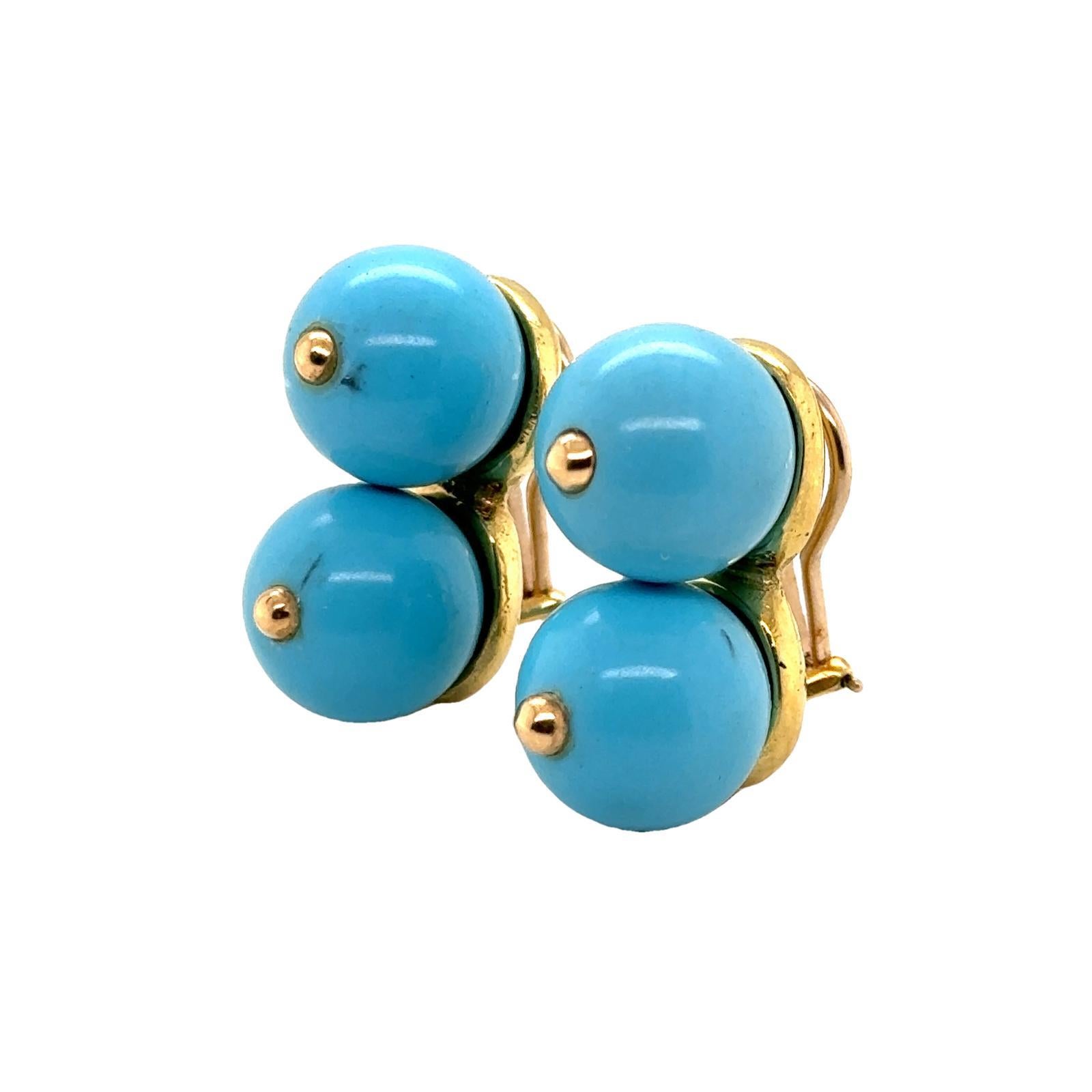 Contemporary 1960's Double Turquoise 18 Karat Yellow Gold Ear-Clip Earrings For Sale