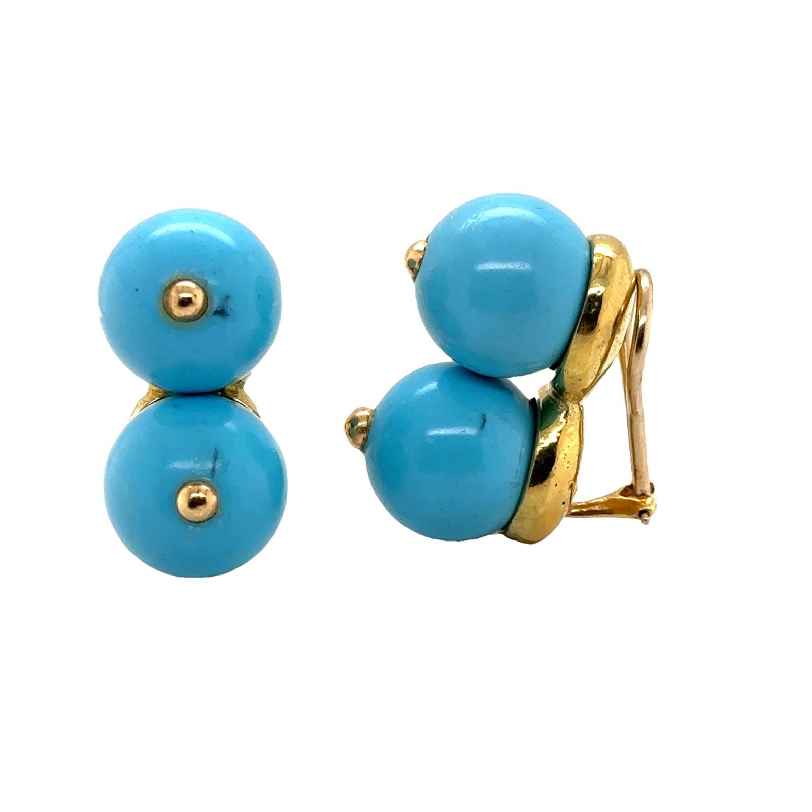Round Cut 1960's Double Turquoise 18 Karat Yellow Gold Ear-Clip Earrings For Sale