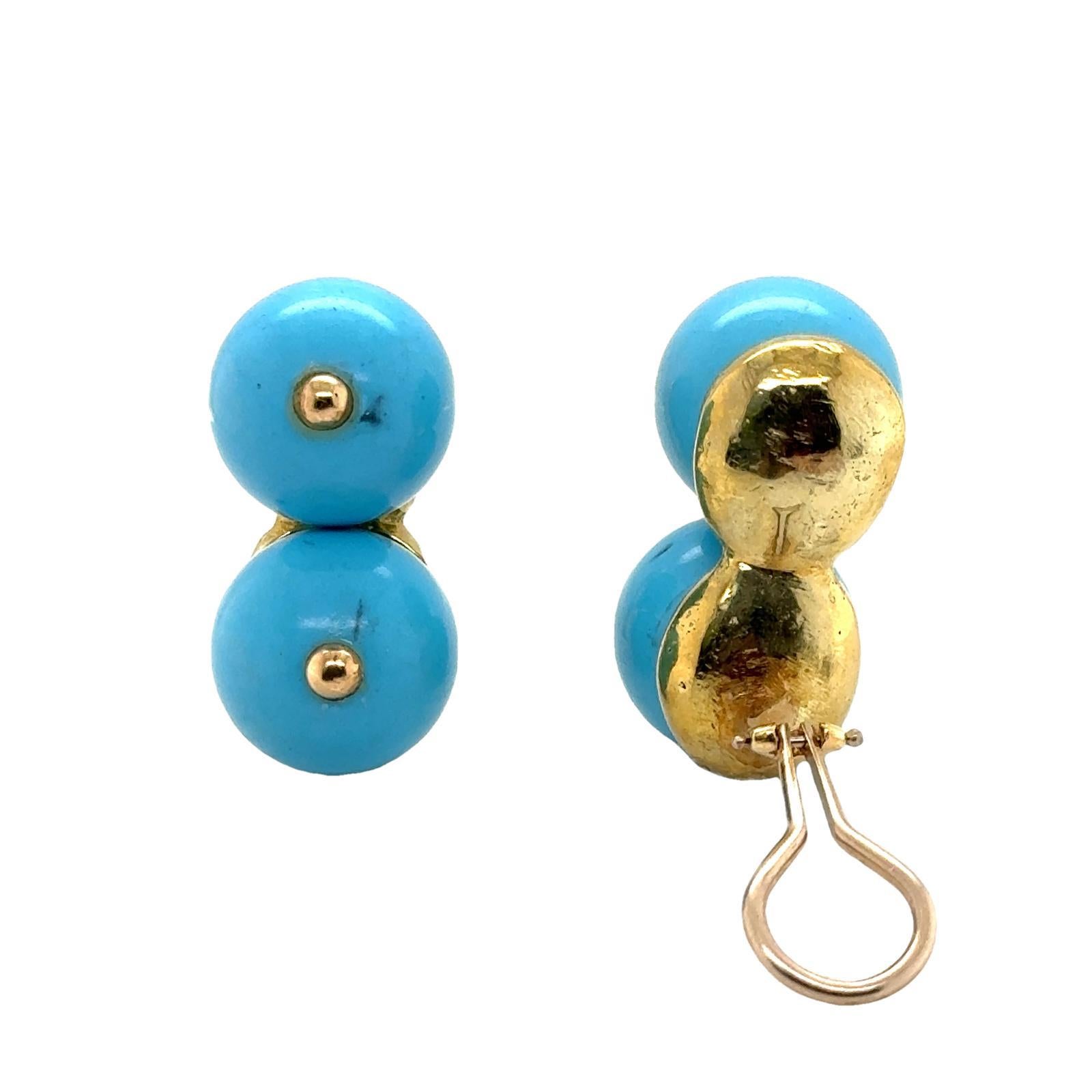 1960's Double Turquoise 18 Karat Yellow Gold Ear-Clip Earrings In Excellent Condition For Sale In Boca Raton, FL