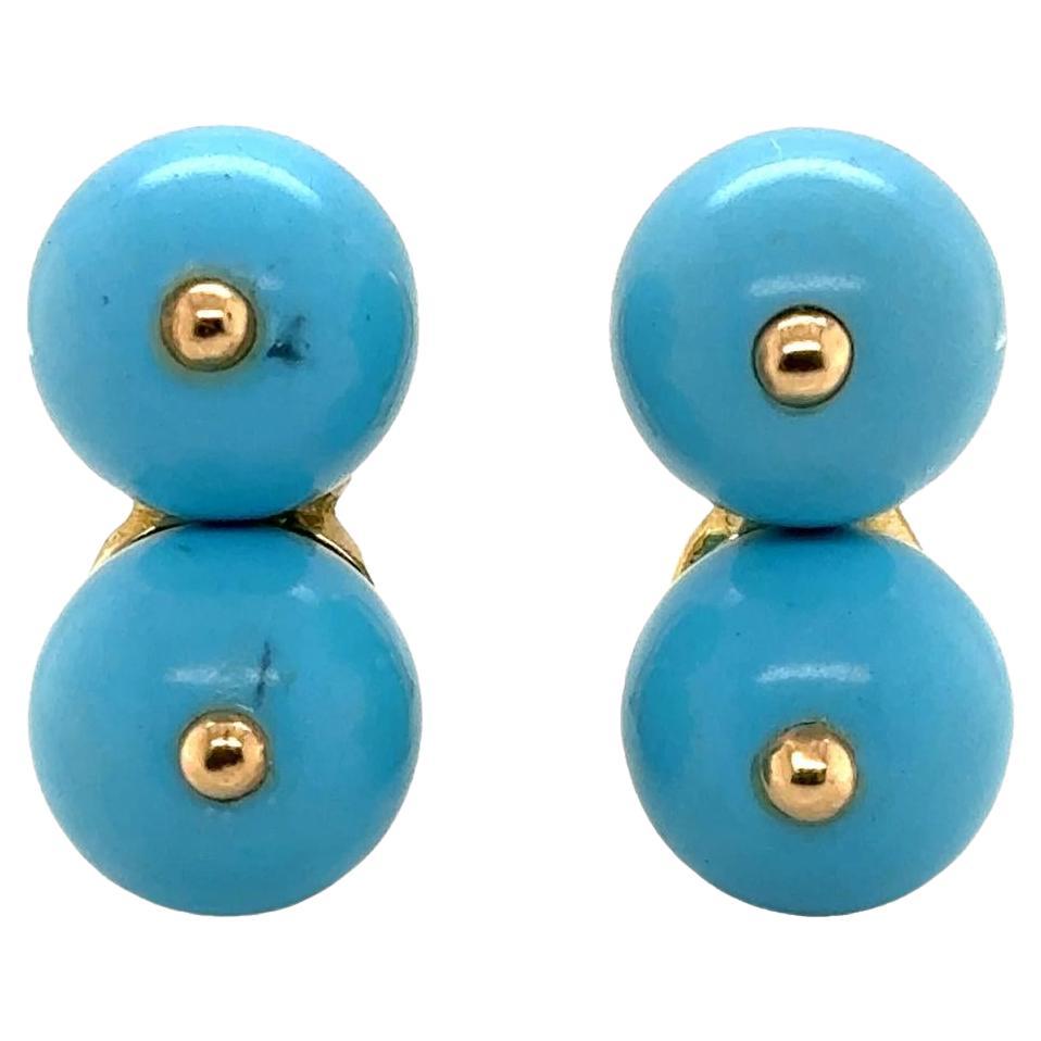 1960's Double Turquoise 18 Karat Yellow Gold Ear-Clip Earrings For Sale