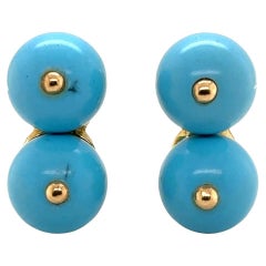 1960's Double Turquoise 18 Karat Yellow Gold Ear-Clip Earrings