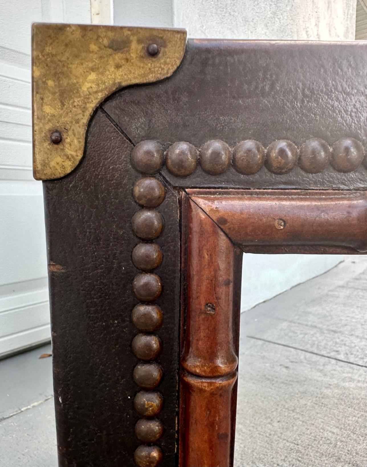 1960s Drexel Faux Bamboo Leather Wrapped Parsons Table For Sale 2