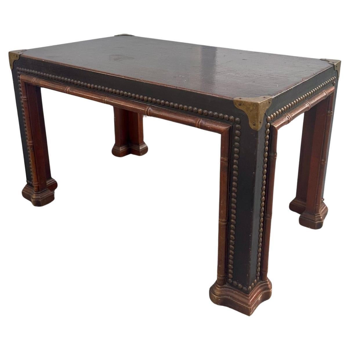 1960s Drexel Faux Bamboo Leather Wrapped Parsons Table For Sale 6