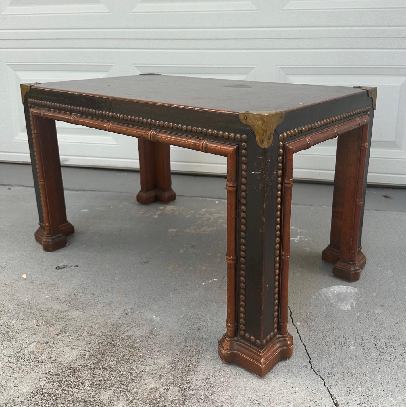 Modern 1960s Drexel Faux Bamboo Leather Wrapped Parsons Table For Sale