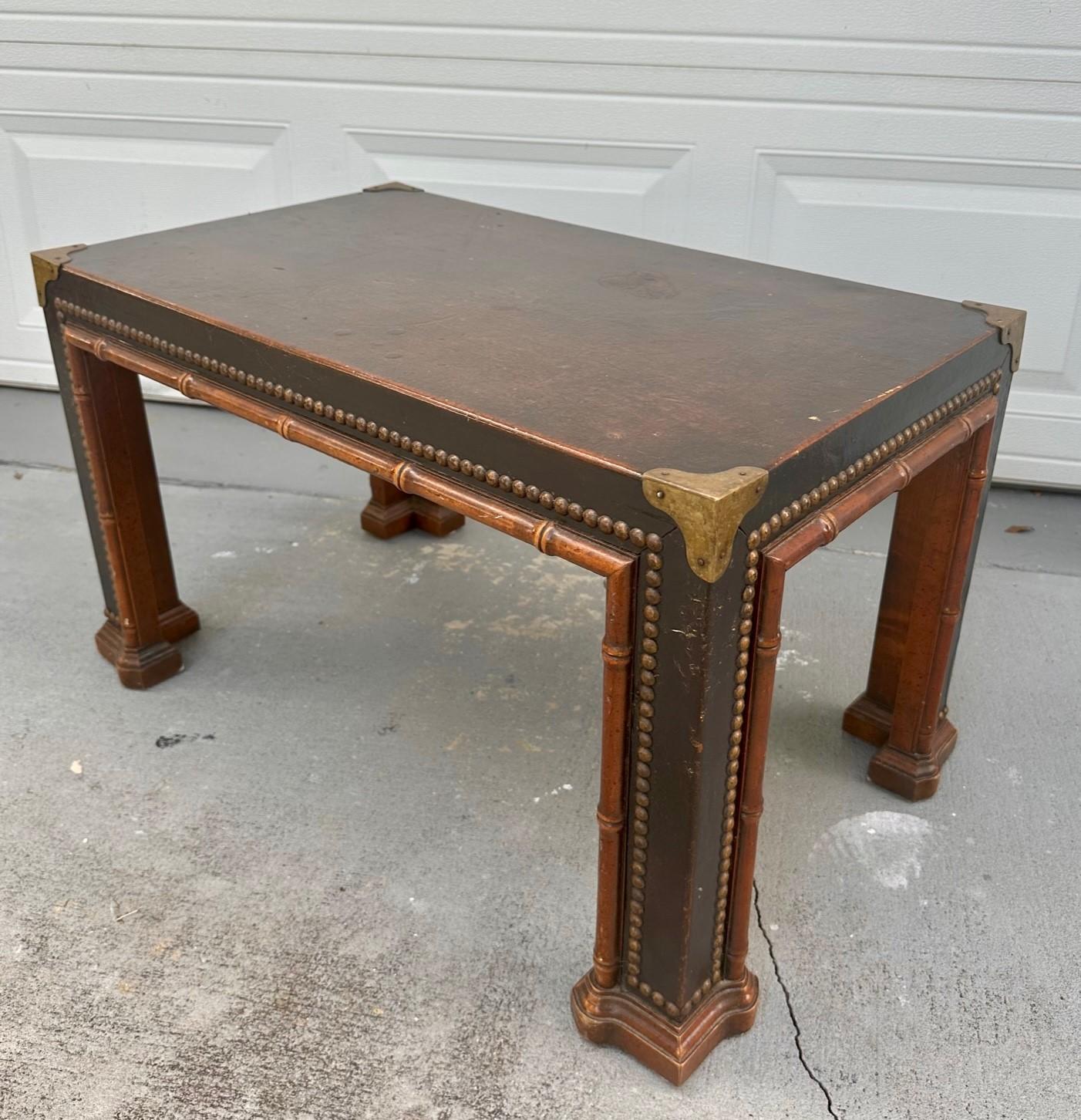 Woodwork 1960s Drexel Faux Bamboo Leather Wrapped Parsons Table For Sale