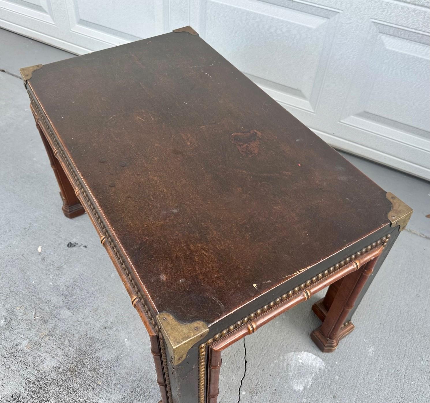 20th Century 1960s Drexel Faux Bamboo Leather Wrapped Parsons Table For Sale