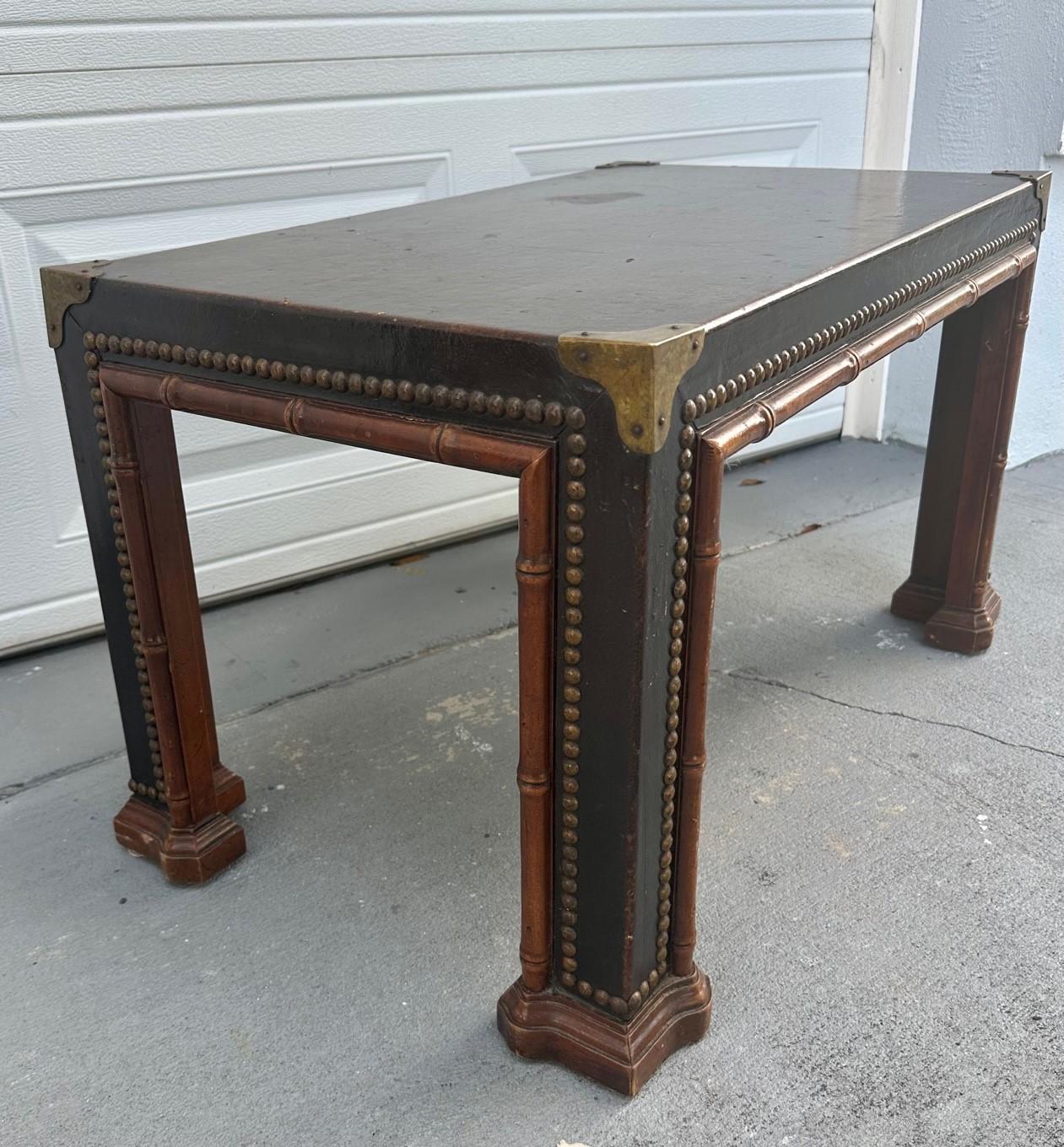 1960s Drexel Faux Bamboo Leather Wrapped Parsons Table For Sale 1