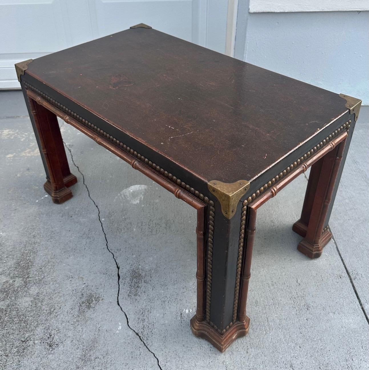 1960s Drexel Faux Bamboo Leather Wrapped Parsons Table For Sale 2