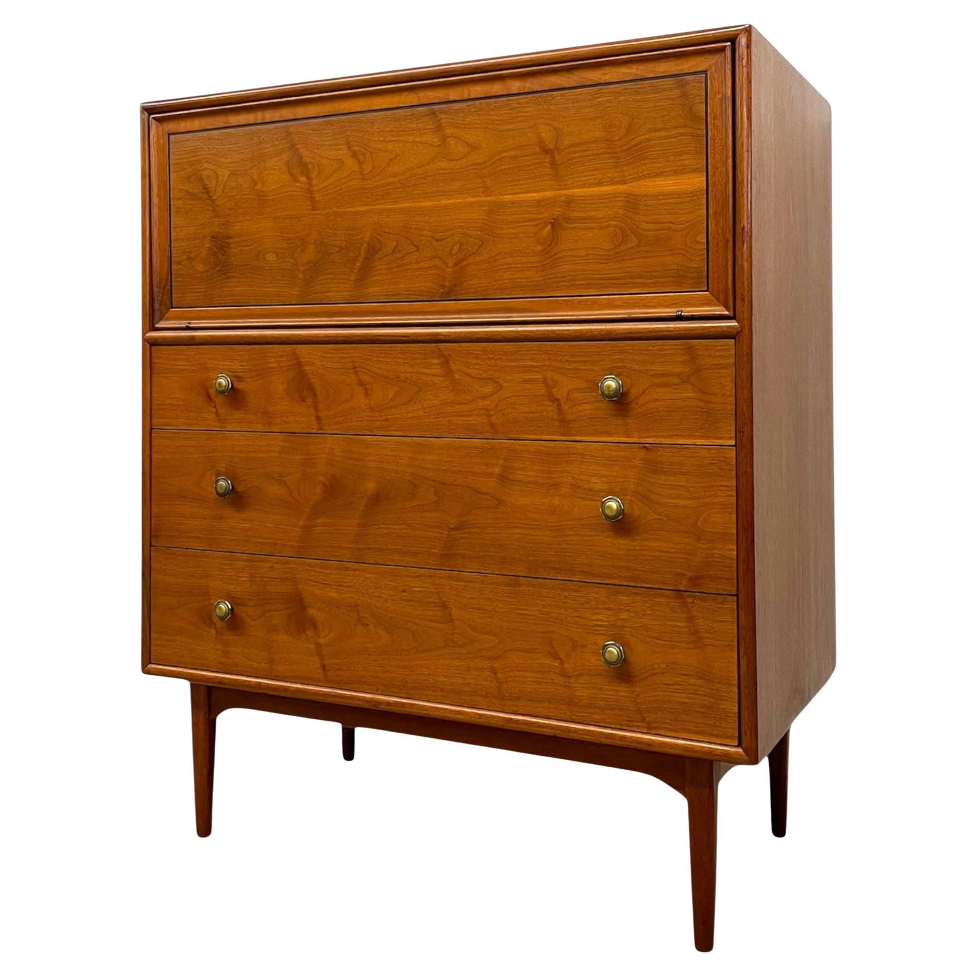 1960s Drexel Genuine Walnut Mid-Century Secretary Chest With Drop-Front Desk.