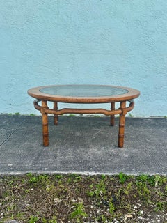 1960s Drexel Sculptural Faux Bamboo Burlwood Smoke Glass Round Coffee Table