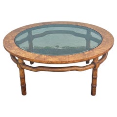 1960s Drexel Sculptural Faux Bamboo Burlwood Smoke Glass Round Coffee Table