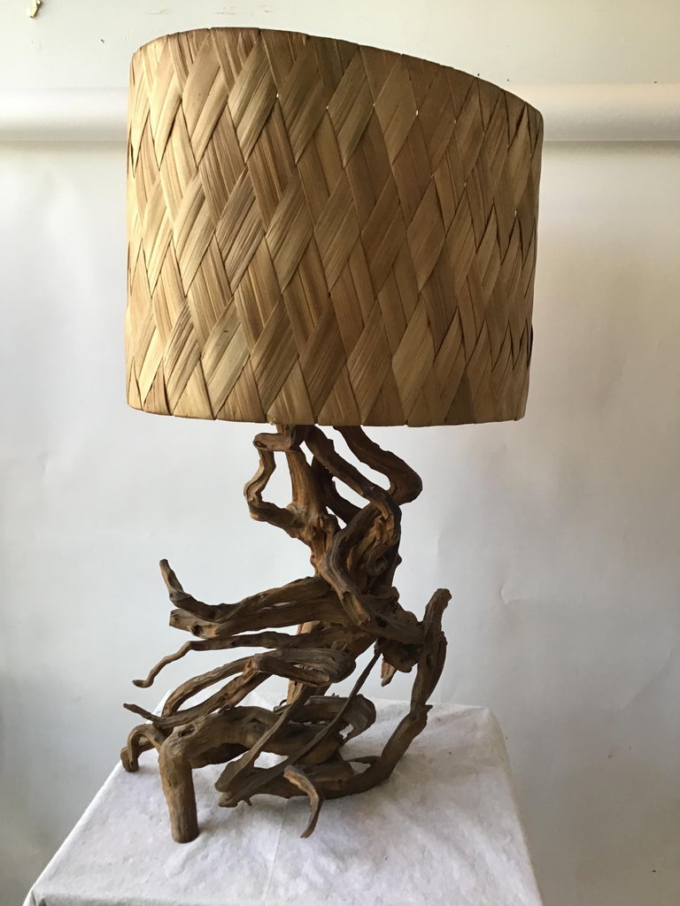 1960s Drift Wood Table Lamp With Original Wicker Shade In Good Condition In Tarrytown, NY