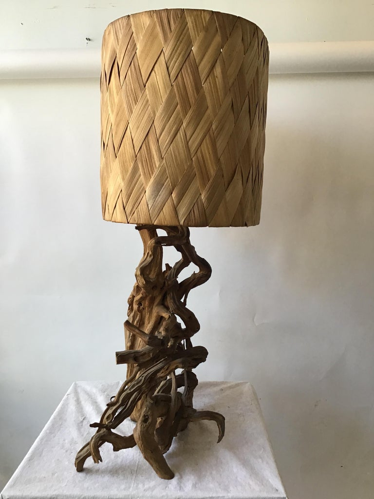 Mid-20th Century 1960s Drift Wood Table Lamp With Original Wicker Shade