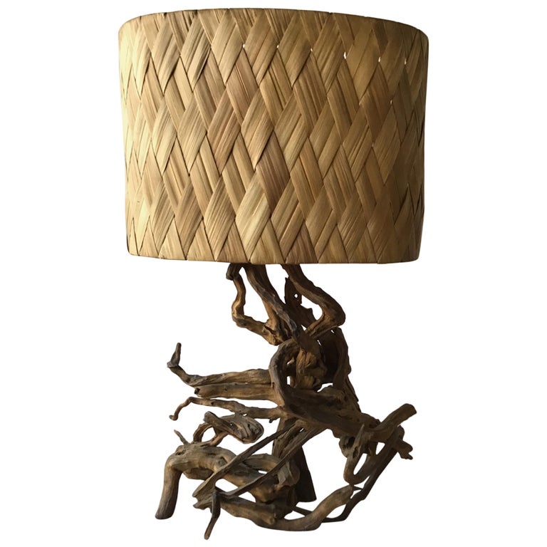 1960s Drift Wood Table Lamp With Original Wicker Shade