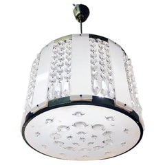 Lustre à tambour des années 1960, en cristal, laiton et lucite blanche à la manière de Stilnovo
