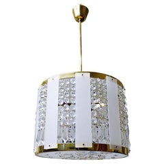 Retro 1960s Drum Chandelier Crystal, Brass and White Lucite in the Manner of Stilnovo