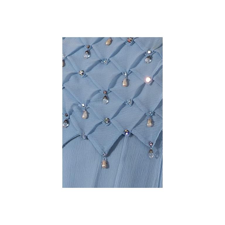 1960S Dusty Aqua Blue Beaded Silk Chiffon Petal Bodice Gown For Sale 6