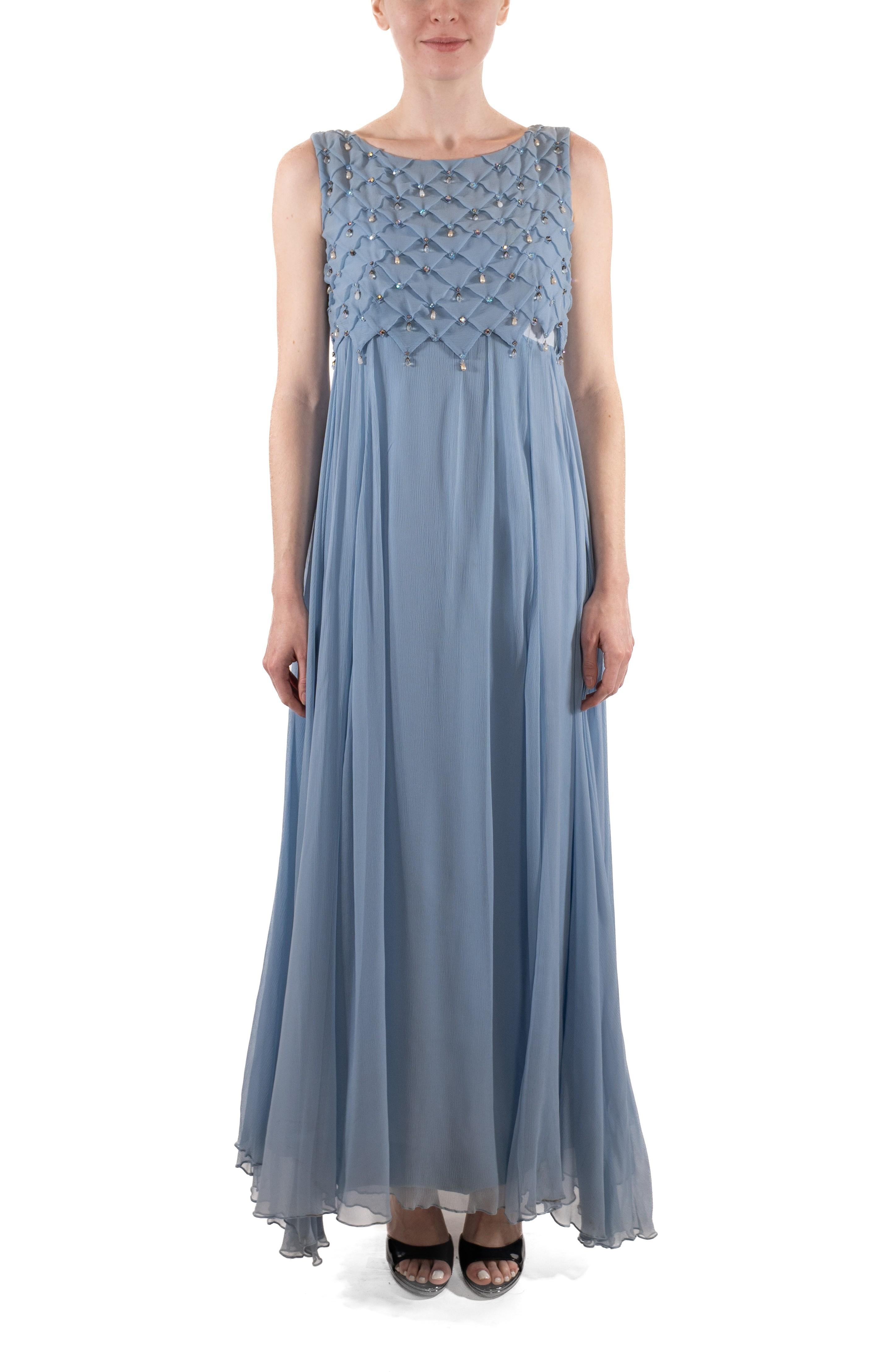 Gray 1960S Dusty Aqua Blue Beaded Silk Chiffon Petal Bodice Gown For Sale
