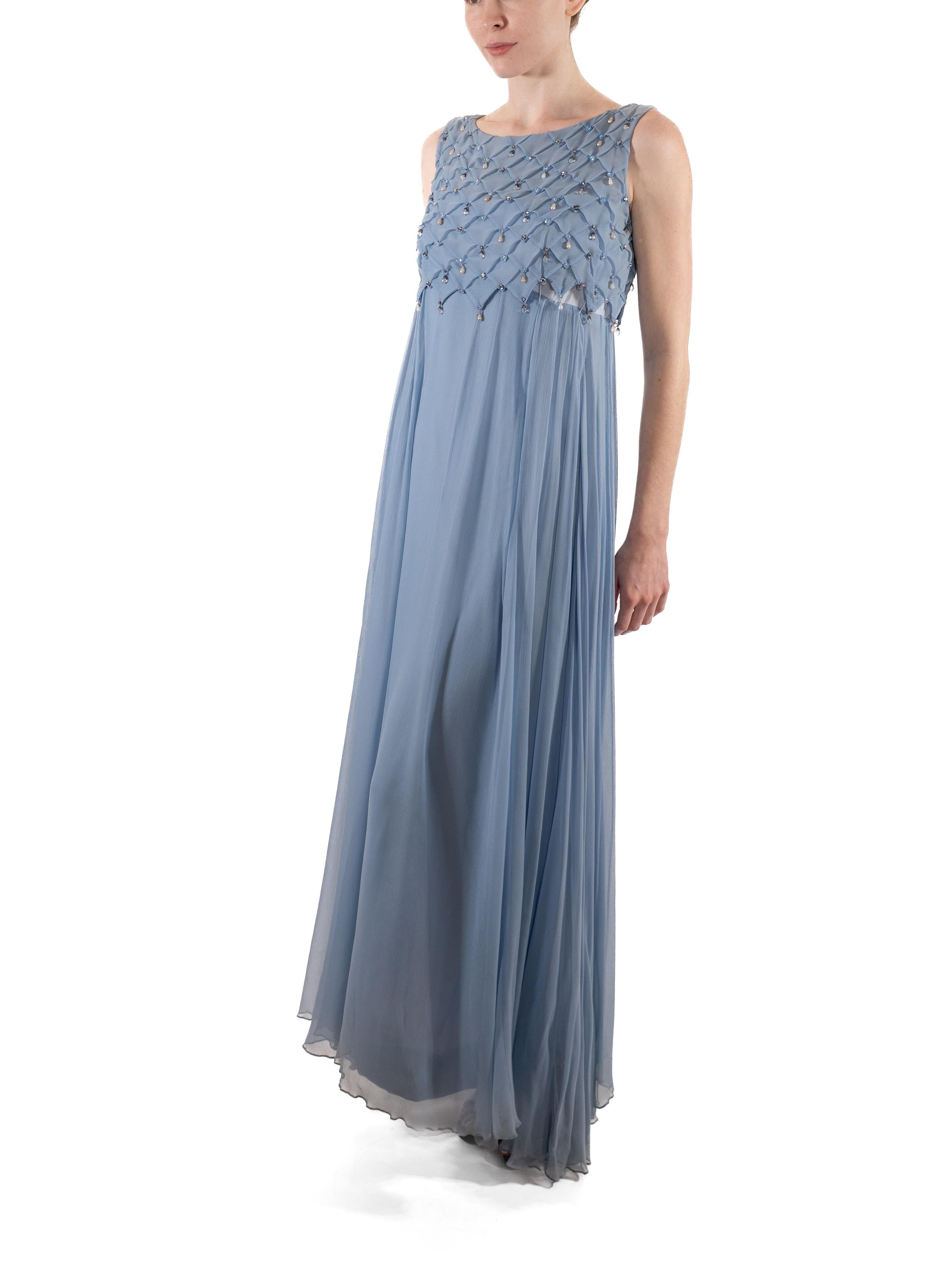 1960S Dusty Aqua Blue Beaded Silk Chiffon Petal Bodice Gown In Good Condition For Sale In New York, NY