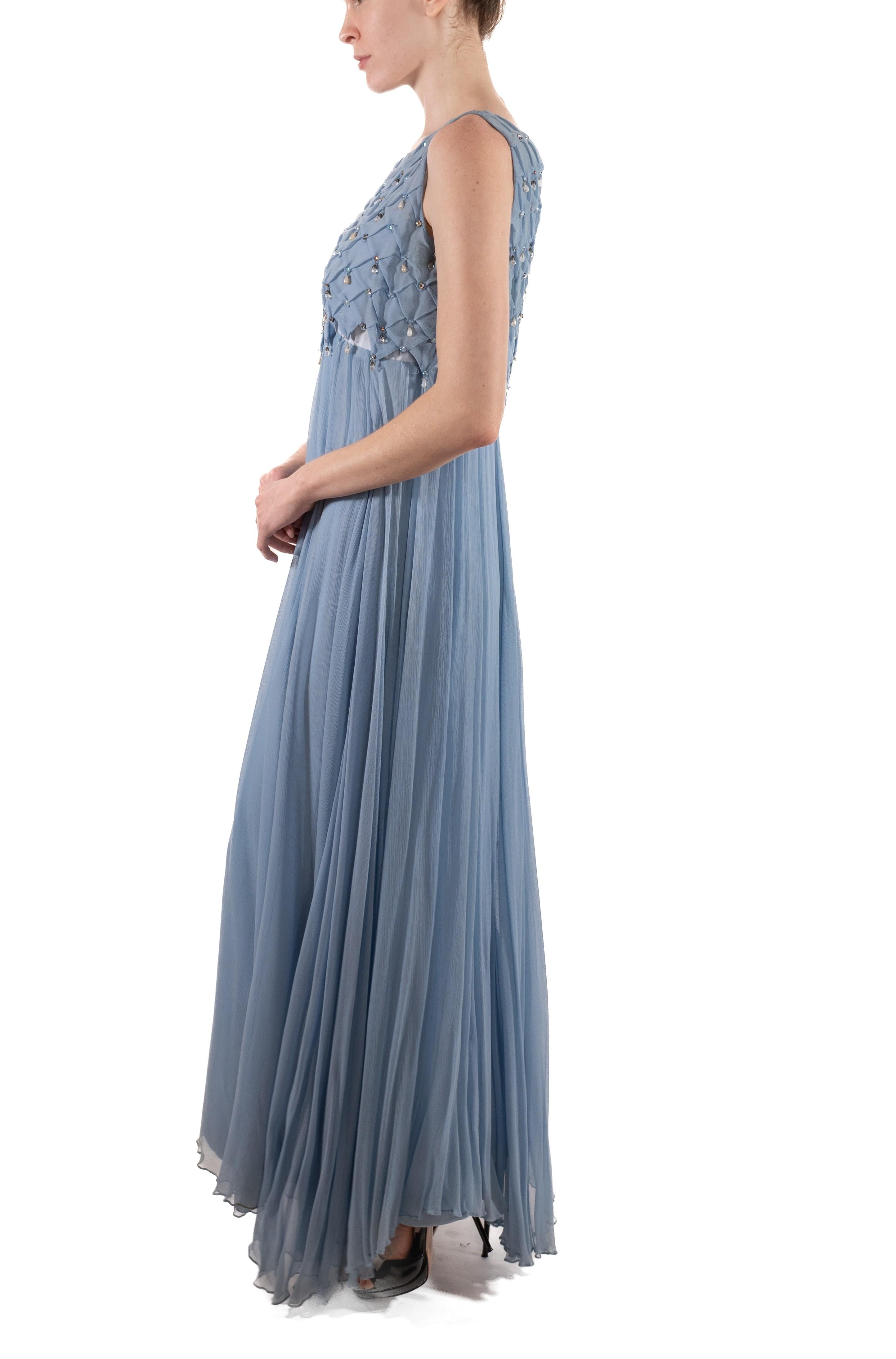 Women's 1960S Dusty Aqua Blue Beaded Silk Chiffon Petal Bodice Gown For Sale
