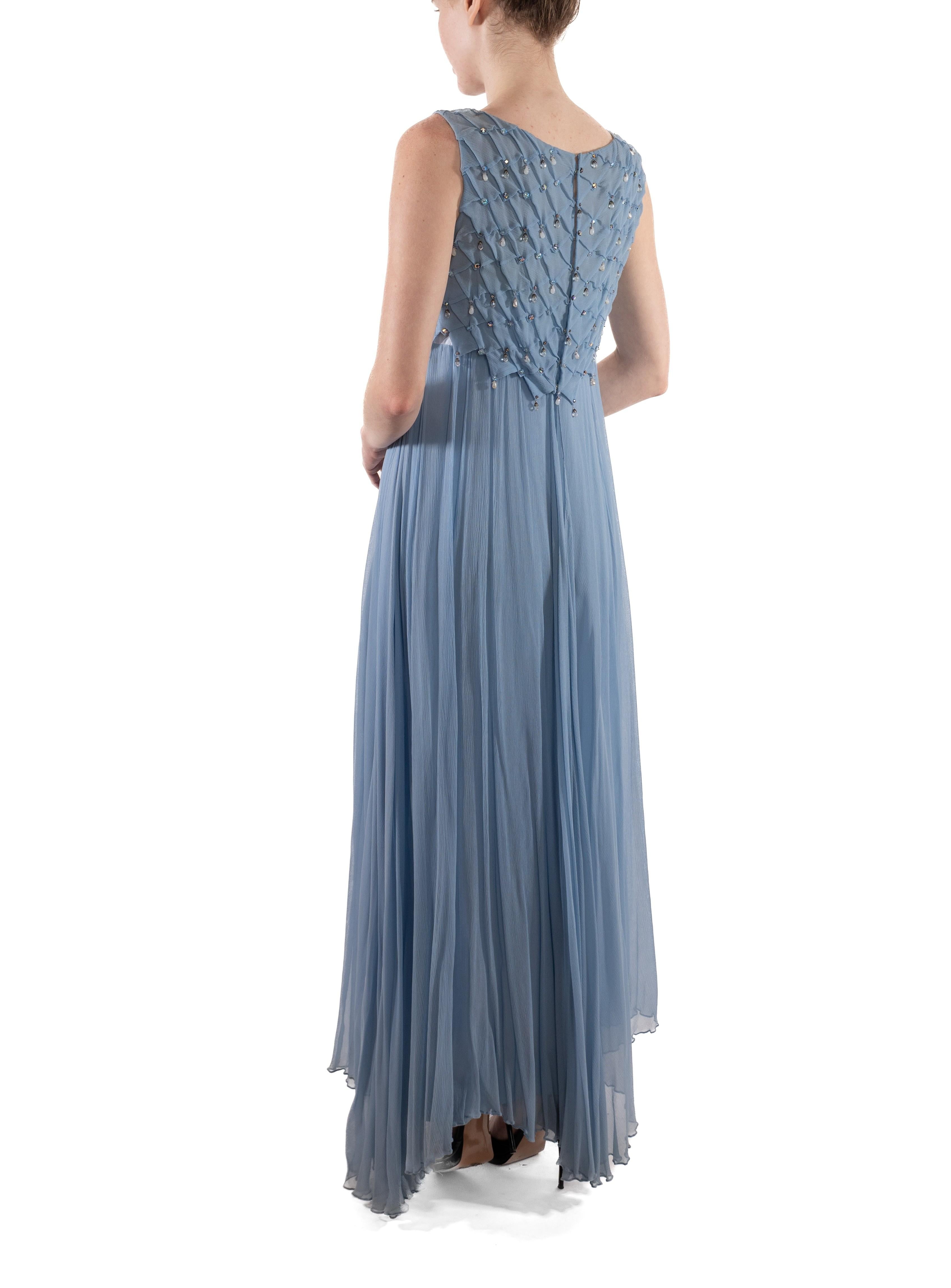 1960S Dusty Aqua Blue Beaded Silk Chiffon Petal Bodice Gown For Sale 1