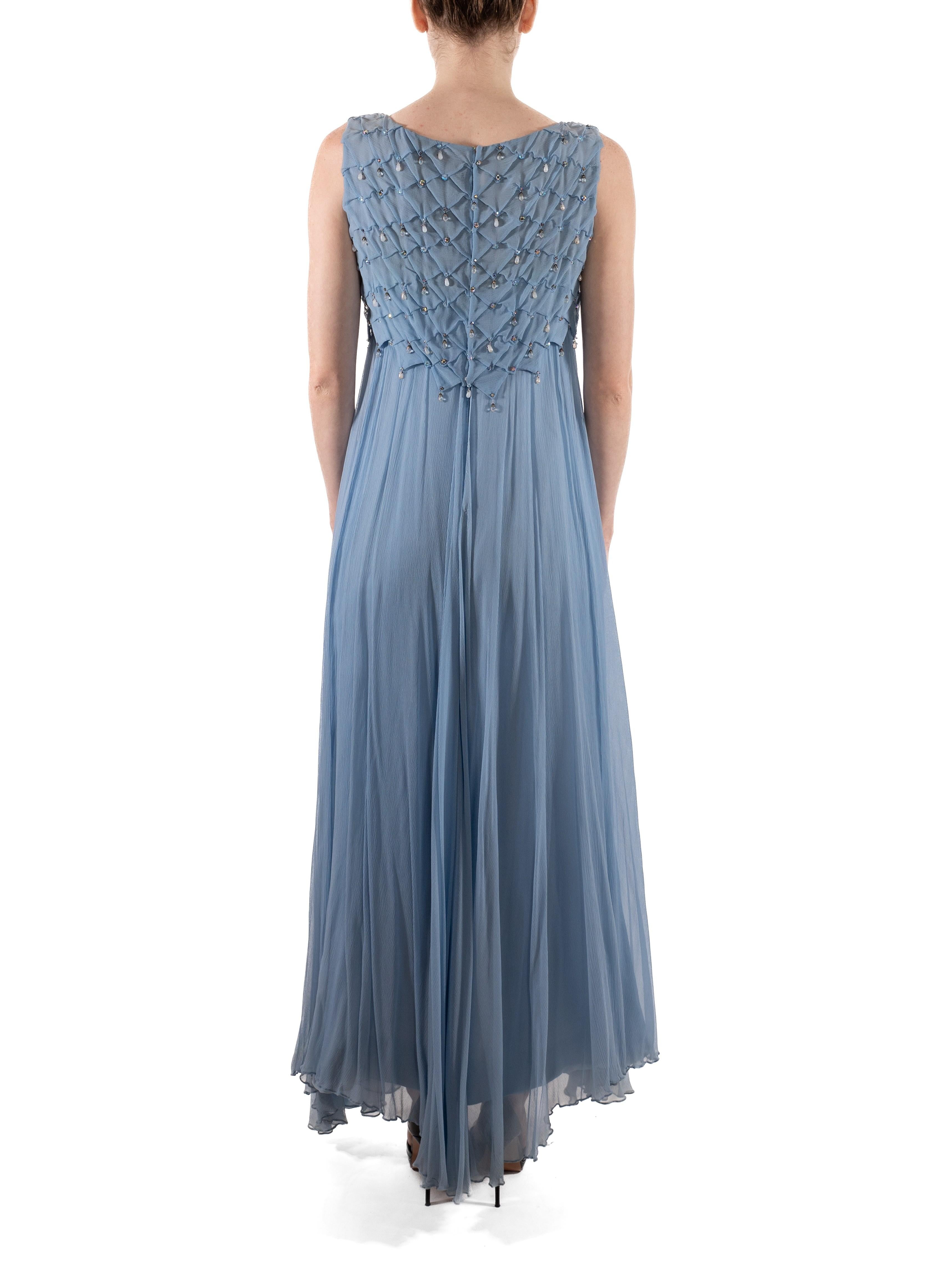 1960S Dusty Aqua Blue Beaded Silk Chiffon Petal Bodice Gown For Sale 2
