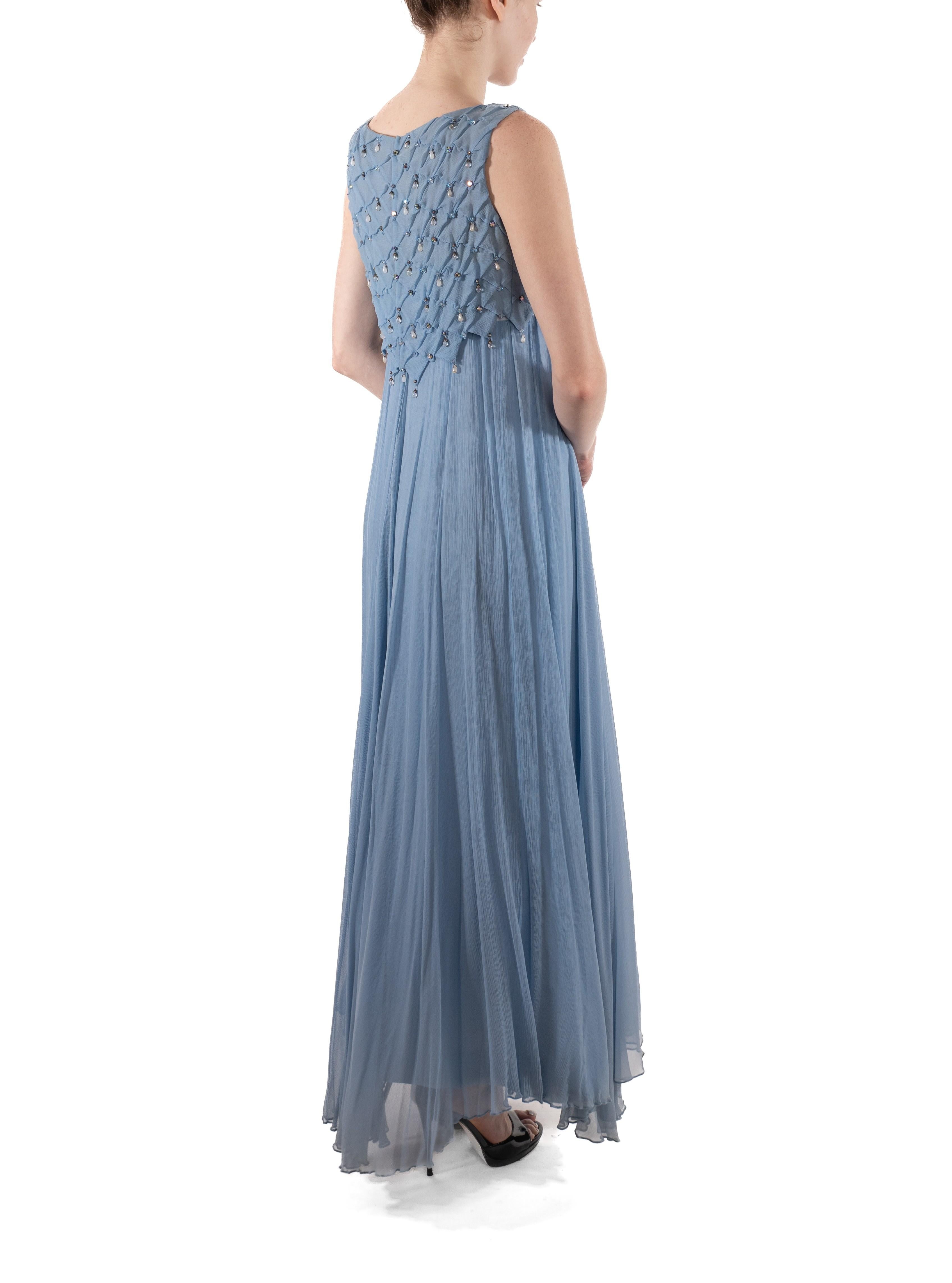 1960S Dusty Aqua Blue Beaded Silk Chiffon Petal Bodice Gown For Sale 3