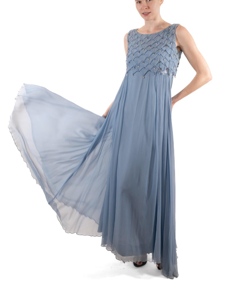 1960s Dusty Aqua Blue Beaded Silk Chiffon Petal Bodice Gown