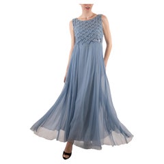 Vintage 1960S Dusty Aqua Blue Beaded Silk Chiffon Petal Bodice Gown