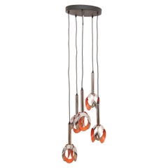 1960s Dutch Cascading Chrome & Orange RAAK Five Pendant Hanging Light Chandelier
