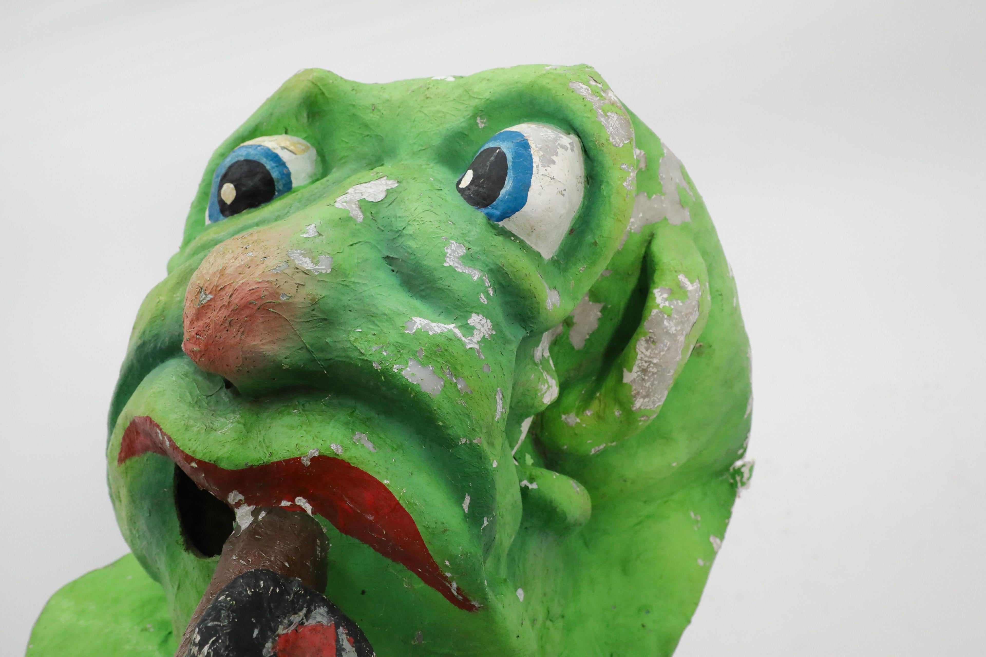 1960s Dutch Papier Mache Green Monster with Pipe Carnival Parade Head For Sale 4