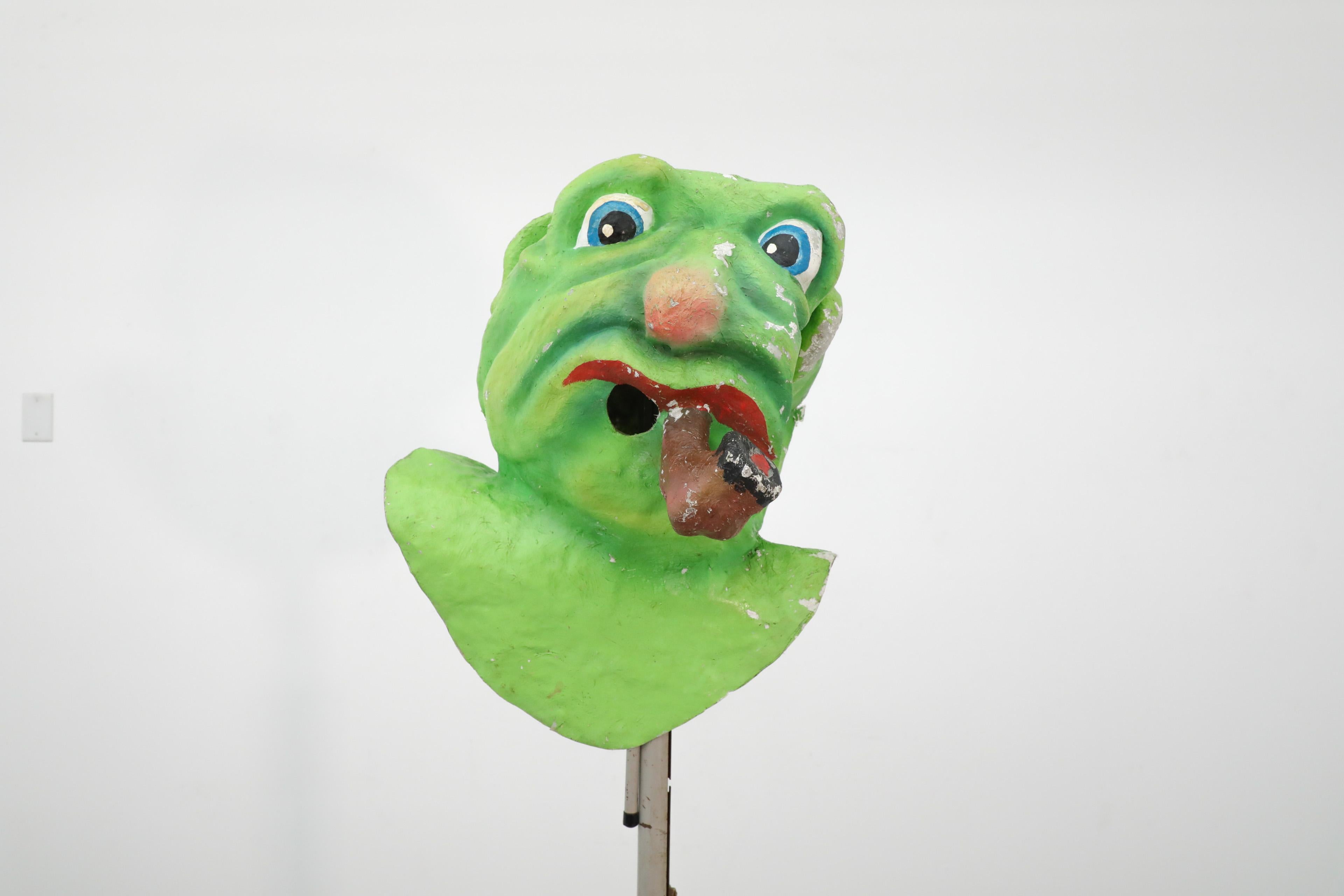 Hand-Painted 1960s Dutch Papier Mache Green Monster with Pipe Carnival Parade Head For Sale