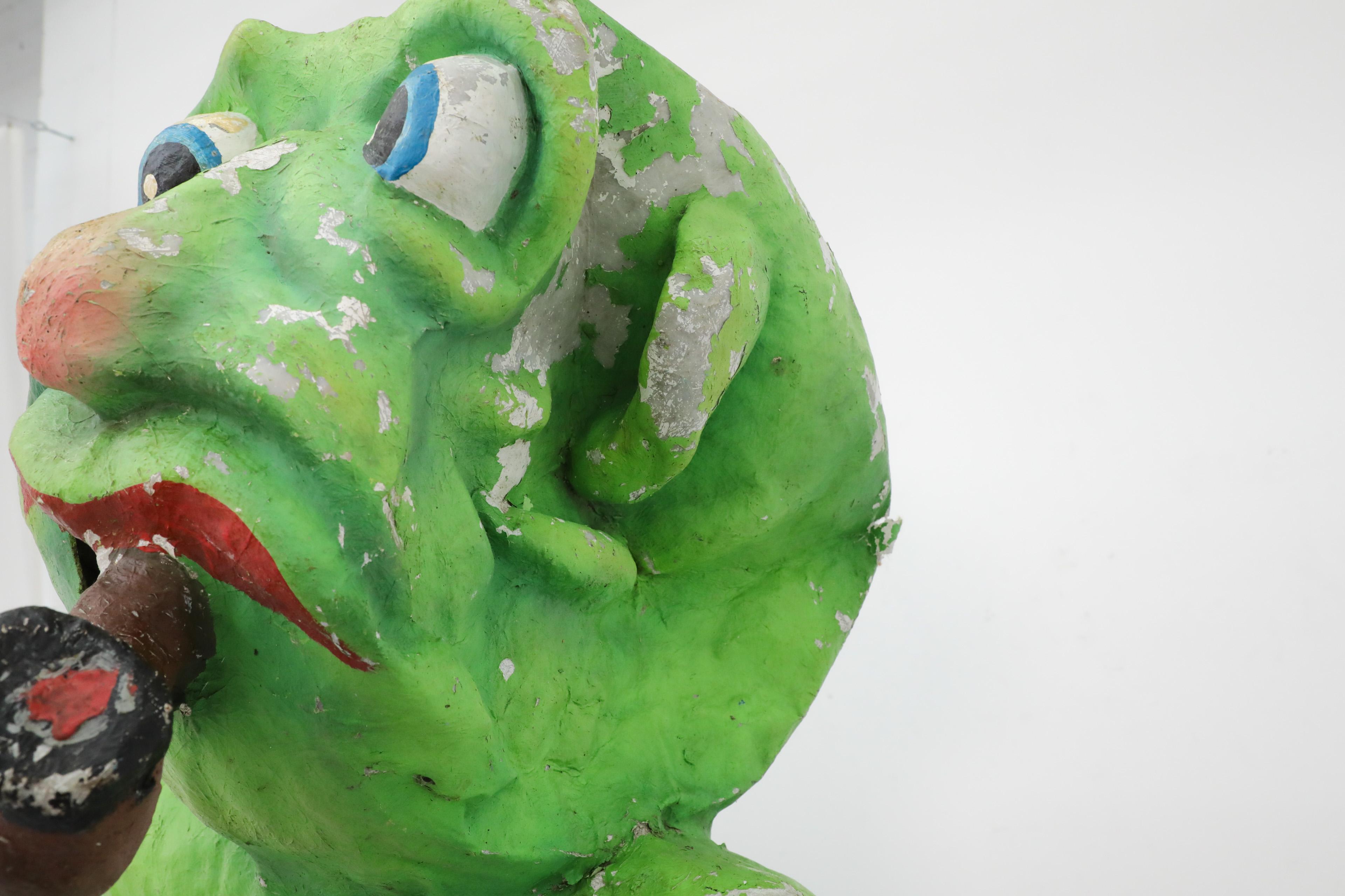 1960s Dutch Papier Mache Green Monster with Pipe Carnival Parade Head In Good Condition For Sale In Los Angeles, CA