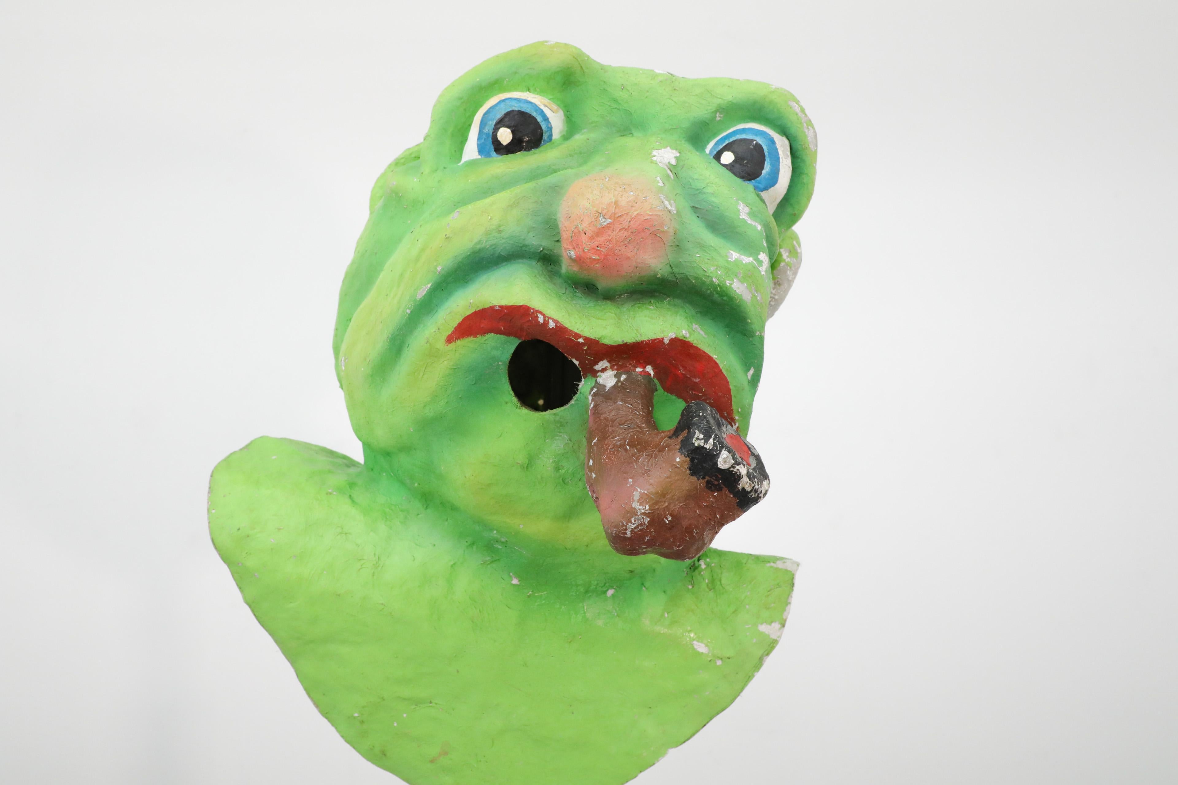 Paper 1960s Dutch Papier Mache Green Monster with Pipe Carnival Parade Head For Sale