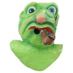Vintage 1960s Dutch Papier Mache Green Monster with Pipe Carnival Parade Head