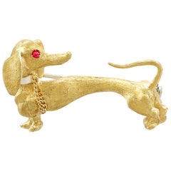 Vintage 1960s Dutch Ruby and Yellow Gold Dachshund Brooch