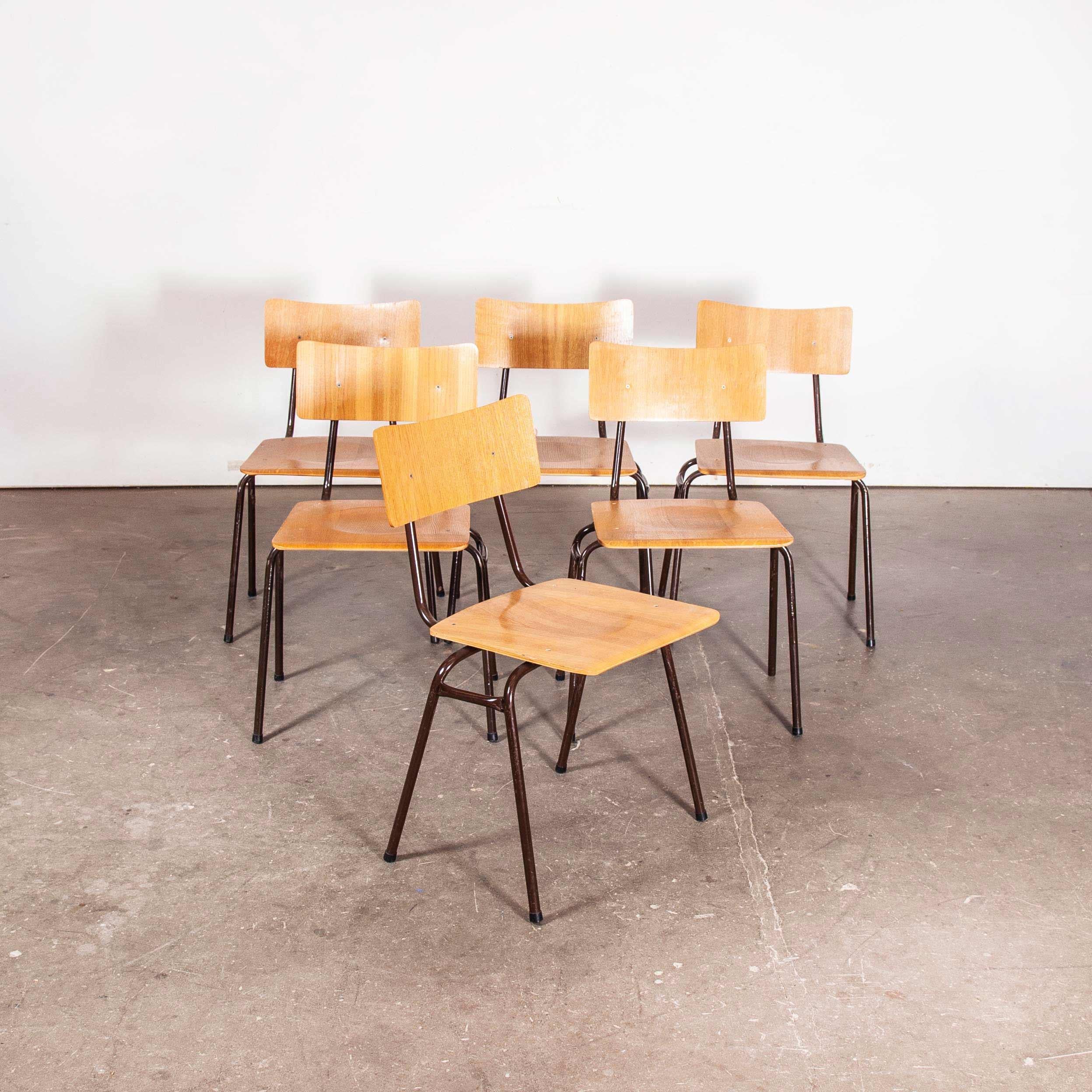 Oak 1960s Dutch Stacking Metal Frame University Dining, Café Chairs, Set of Twelve