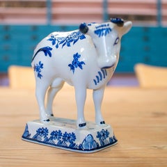 1960s Dutch White & Blue Delf Ceramic Cow Statue Figure