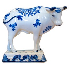 1960s Dutch White & Blue Delf Ceramic Cow Statue Figure