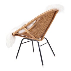 1960s Dutch Wicker Bucket / Basket Chair with Icelandic Sheepskin